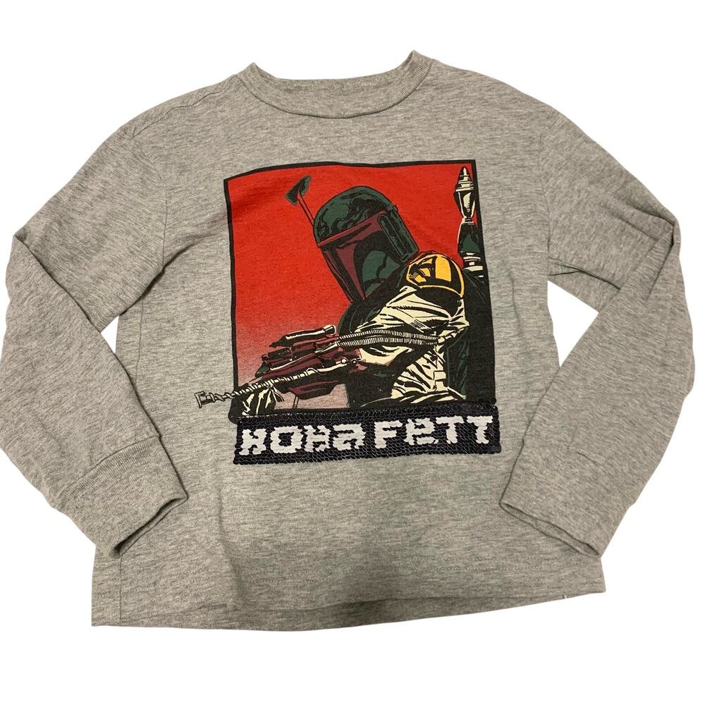 GAP Star Wars Gray Long Sleeve T-Shirt Boba Fett Flip Sequins